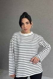 Beyaz Lacivert Çizgili Bisiklet Yaka Uzun Kol T-shirt SY-2938-Lacivert