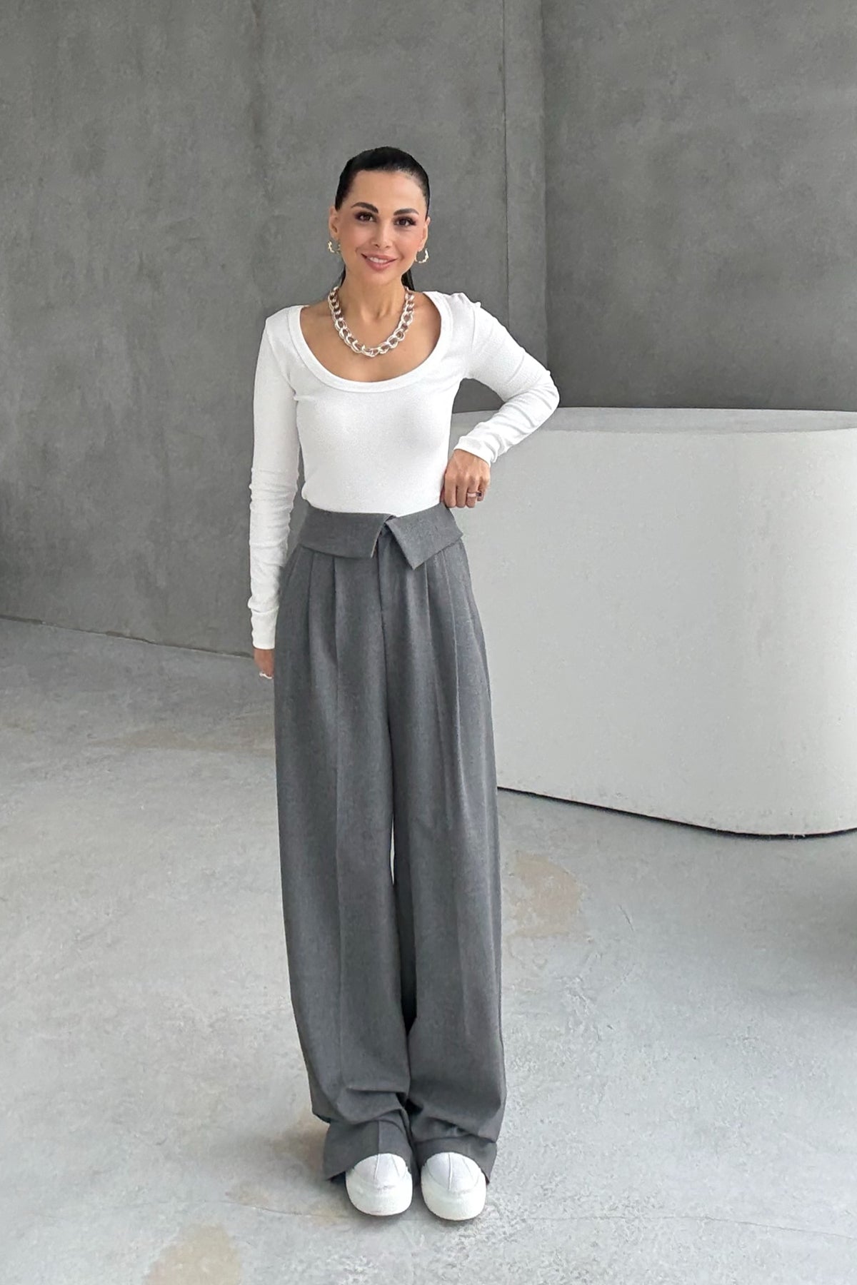 Gri Kıvrık Bel Detaylı Palazzo Pantolon SY-3411-Gri
