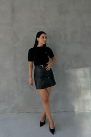 Siyah Kemerli Gizli Cep Detaylı Deri Etek SY-2485-Siyah