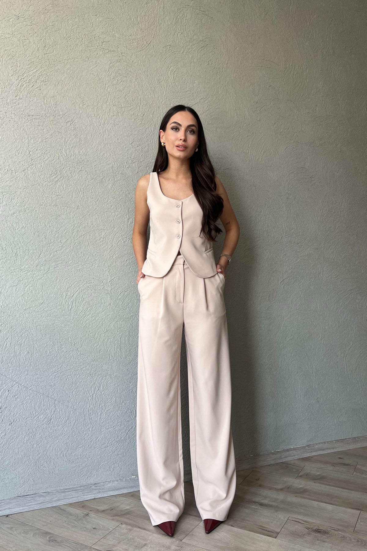 Bej V  Yaka Tasarım Klasik Yelek SY-1782-Bej