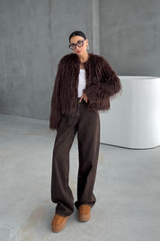 Acı Kahve Saçaklı Kürk Ceket SY-3388-Acı KAHVE