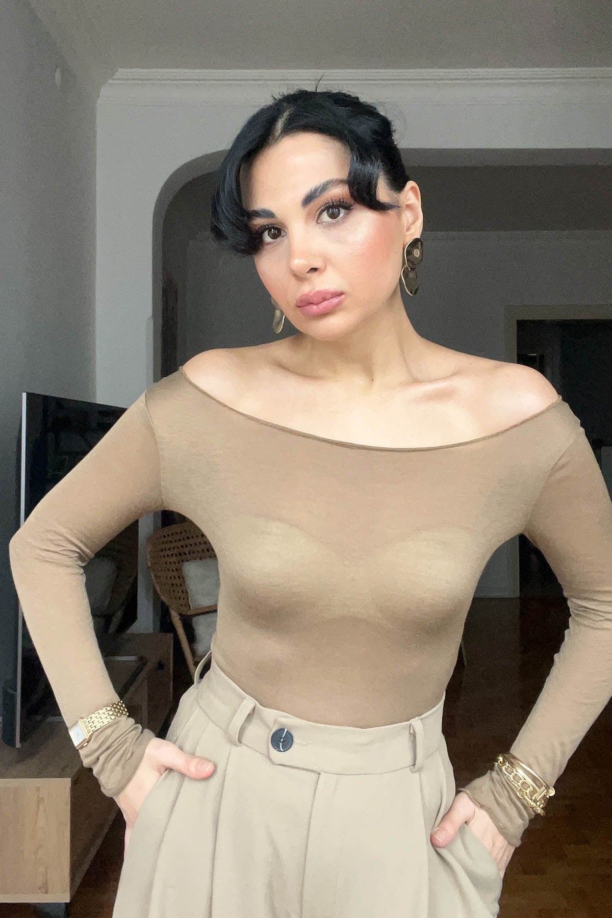 Camel Kayık Yaka Transparan Body SY-2994-Camel