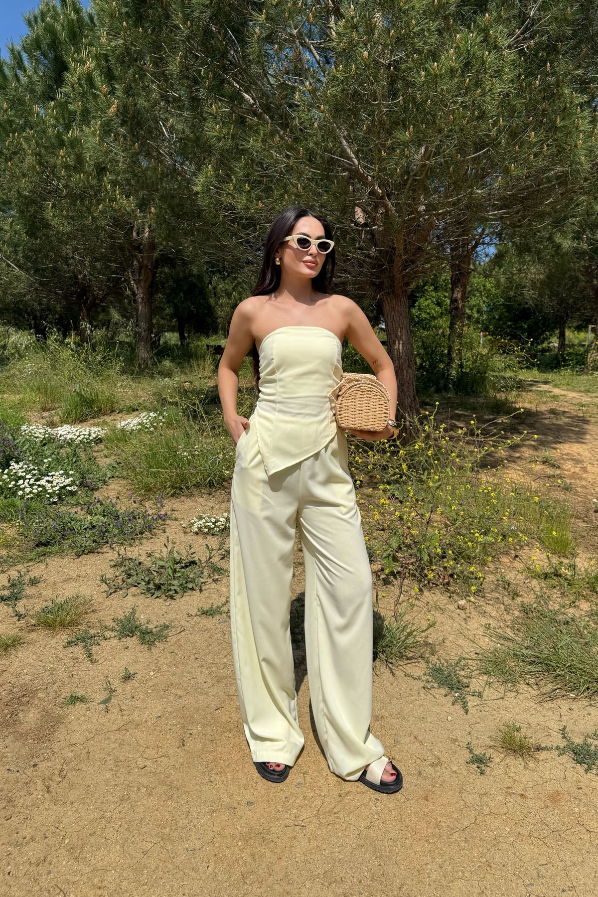 Butter Yellow Asimetrik Straplez ve Pantolon Takım SY-3189-Sarı