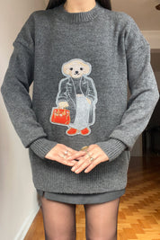 Antrasit Teddy Bear Nakışlı Triko Kazak SY-2839-Antrasit