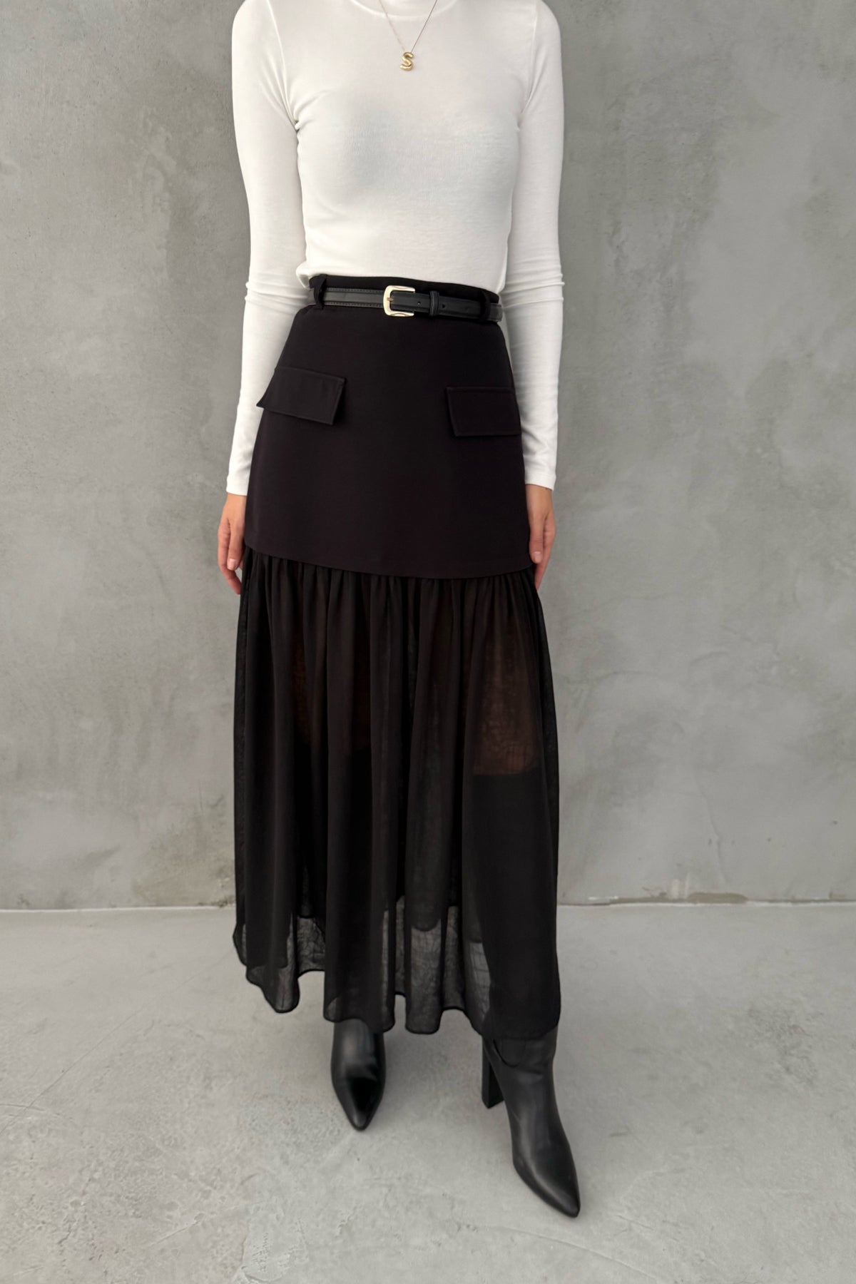 Siyah Tül Garnili Kemerli Midi Etek SY-3394-Siyah