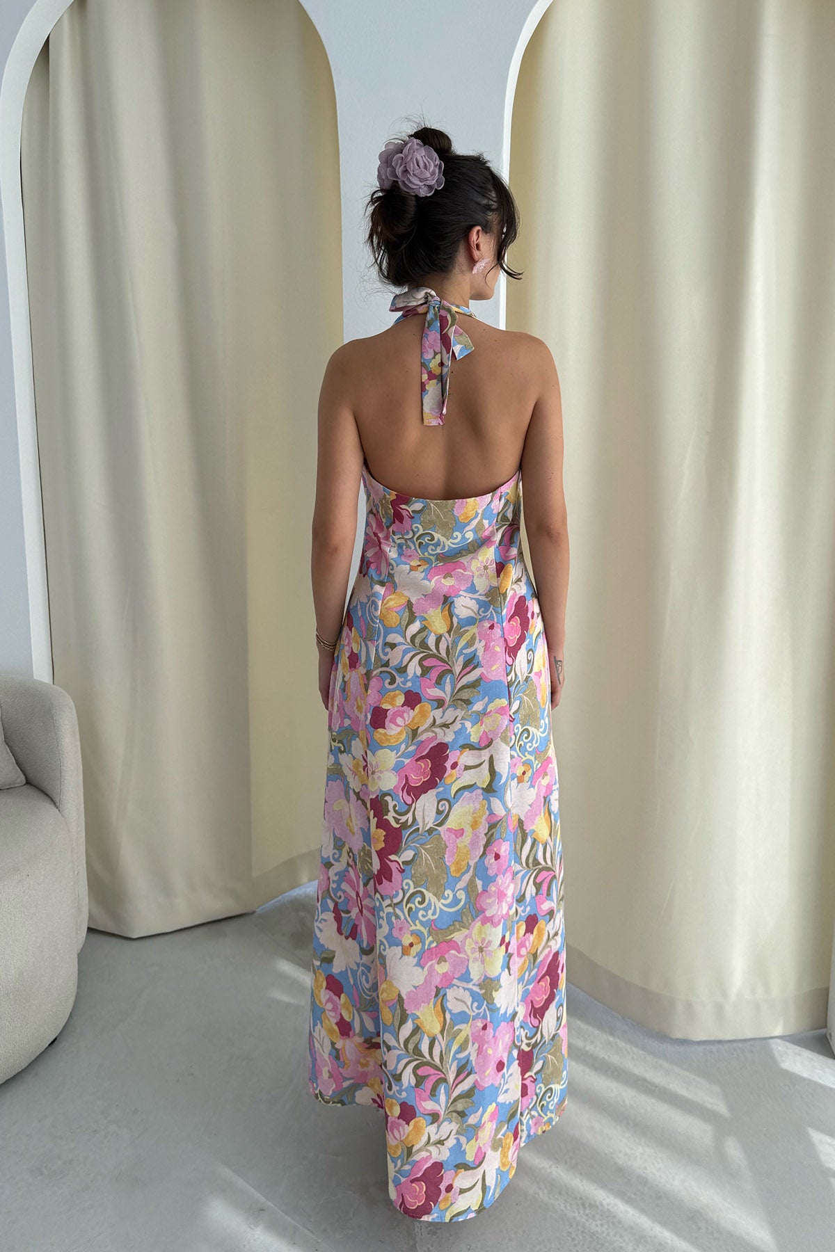 Çok Renkli Çiçek Desenli Midi Boy Keten Elbise SY-3267-Renkli