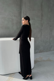 Siyah Fitilli Bağlama Detaylı Triko Elbise SY-2526-Siyah