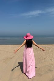 Pembe V Yaka Sırt Detaylı Uzun Keten Elbise SY-2184-Pembe