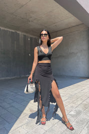 Siyah Derin Yırtmaçlı Fırfır Detay Etek SY-0702-Siyah