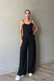 Siyah İnce Askılı İp Bağlama Detaylı Crop Pantolon Takım SY-2361-Siyah