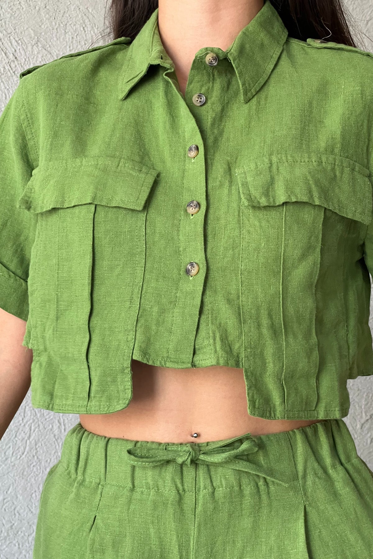 Yeşil Premium Keten Crop Gömlek SY-2216-Yeşil