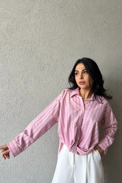Pembe Çizgili Önü Tasarım Bağlamalı Gömlek SY-2046-Pembe