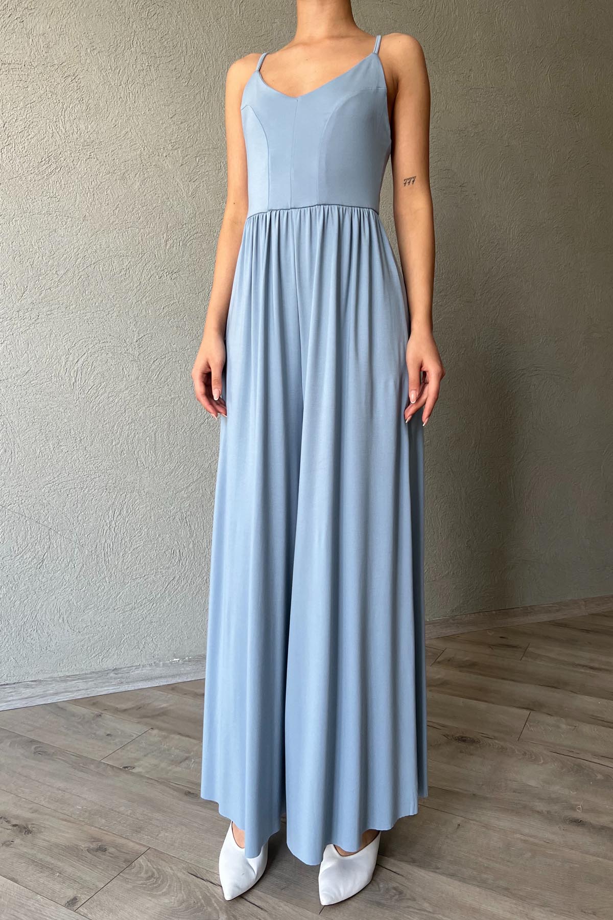 Mavi İnce Askı Detaylı Bol Paça Modal Tulum SY-1980-Mavi