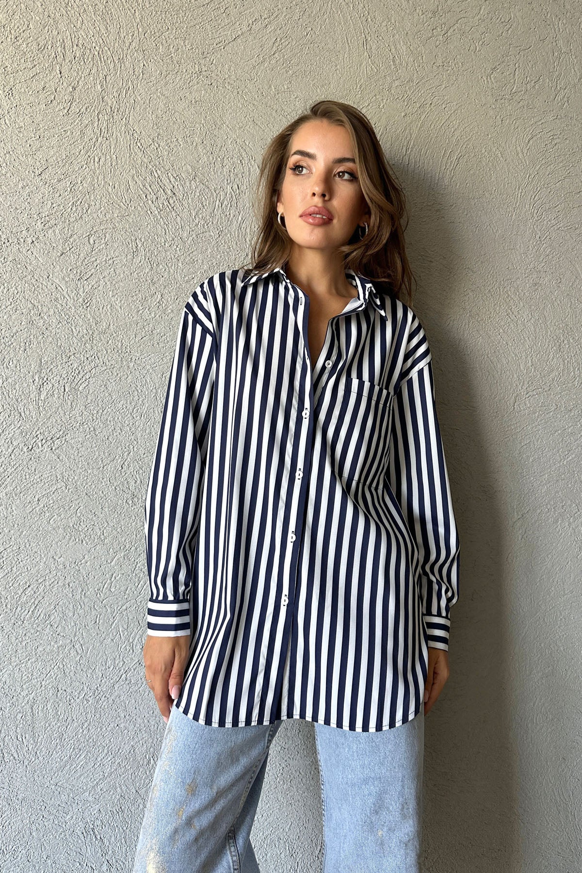 Lacivert Çizgili Oversize Cep Detaylı Gömlek SY-0969-Lacivert