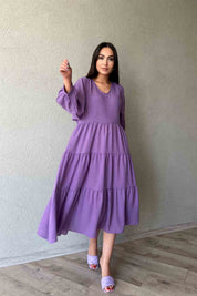 Müslin Kumaş V Yaka Rahat Kesim Mor Elbise SY-1939-Mor