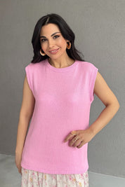 Pembe Sıfır Kol Triko Bluz SY-3127-Pembe