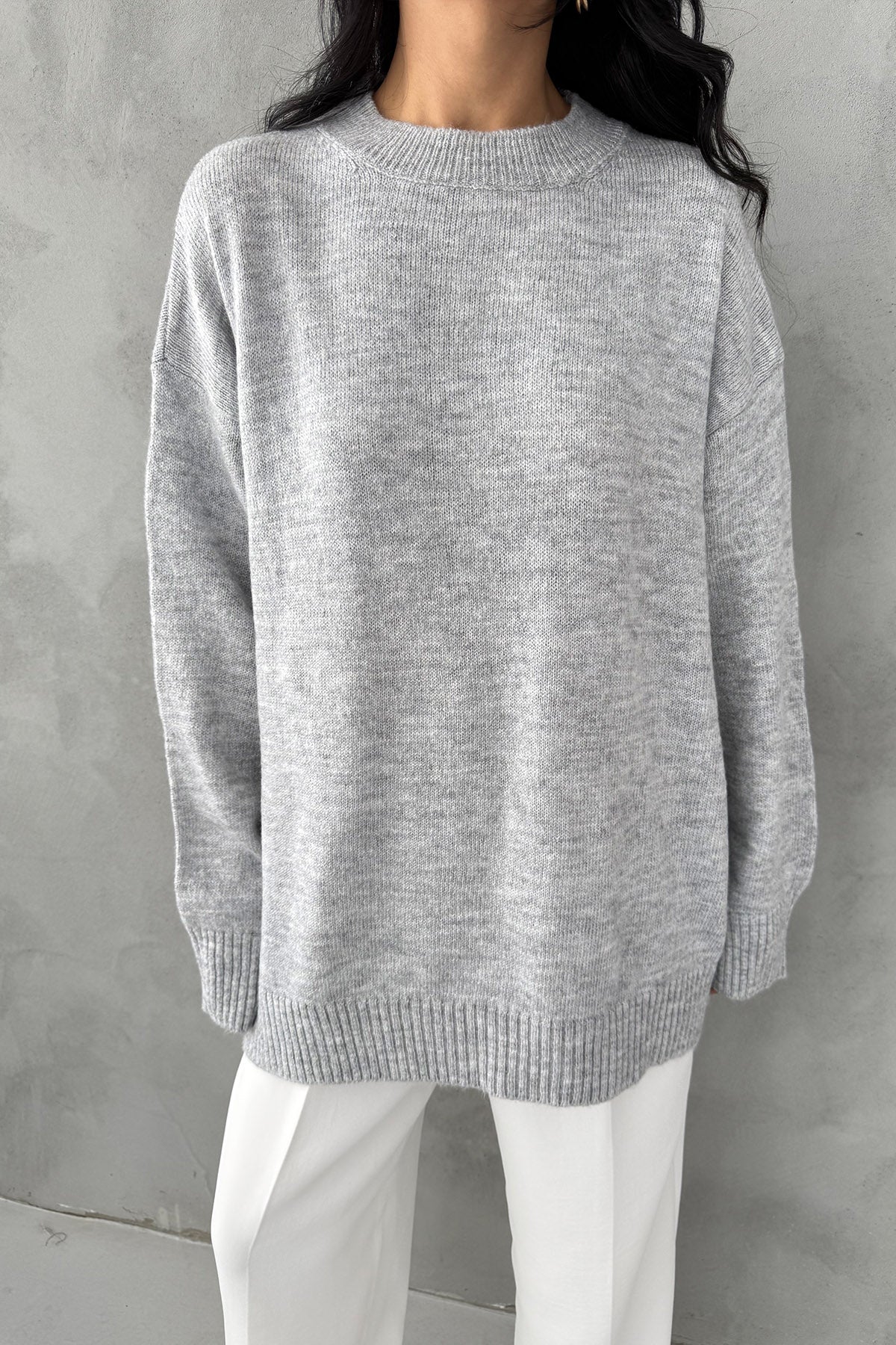 Gri Bisiklet Yaka Lastikli Pinterest Triko Kazak SY-3368-Gri