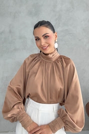 Kahve Dökümlü Zr Tasarım Saten Bluz SY-3369-Kahve