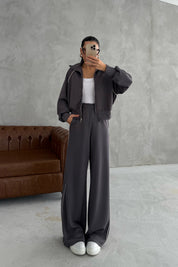 Bol Paça Fermuarlı Modal Eşofman Takım- Füme SY-3422-Füme