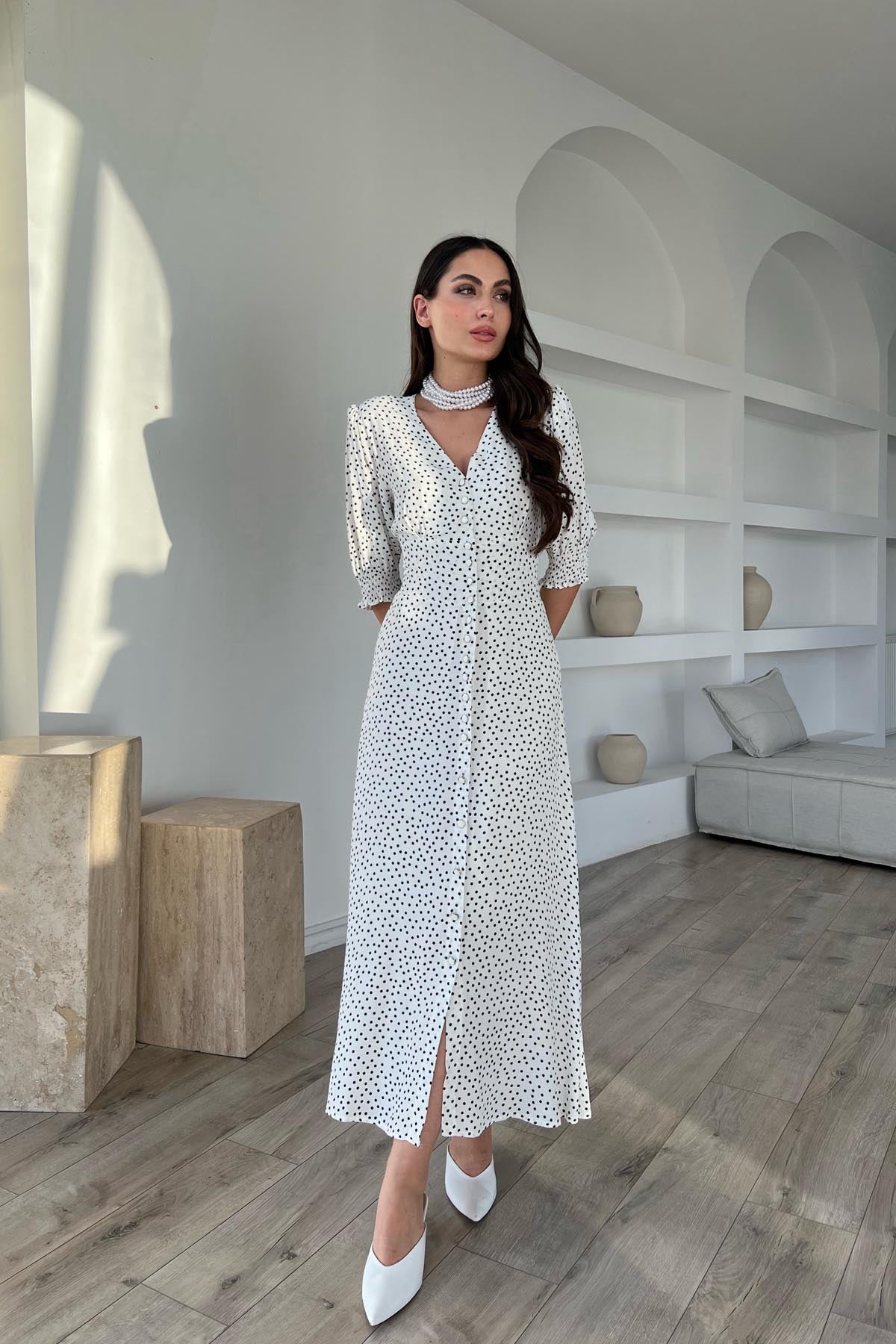 Ekru Puantiyeli Arka Bel ve Kol Ucu Gipeli Elbise SY-1727-Ekru