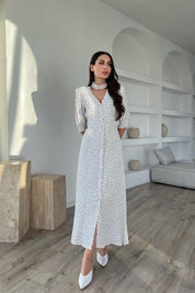 Ekru Puantiyeli Arka Bel ve Kol Ucu Gipeli Elbise SY-1727-Ekru