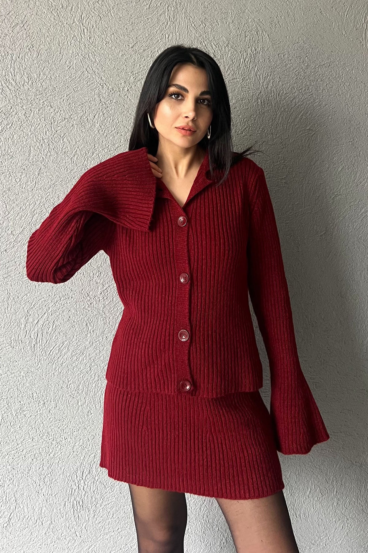 Bordo İspanyol Kol Hırka ve Etek Triko Takım SY-2785-Bordo