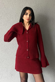 Bordo İspanyol Kol Hırka ve Etek Triko Takım SY-2785-Bordo