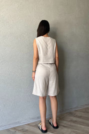 Taş Pile Detaylı Keten Şort SY-2095-Taş