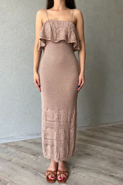 Kahve İnce Askılı Çiçek Detaylı Ajurlu Maxi Elbise SY-2223-Kahve