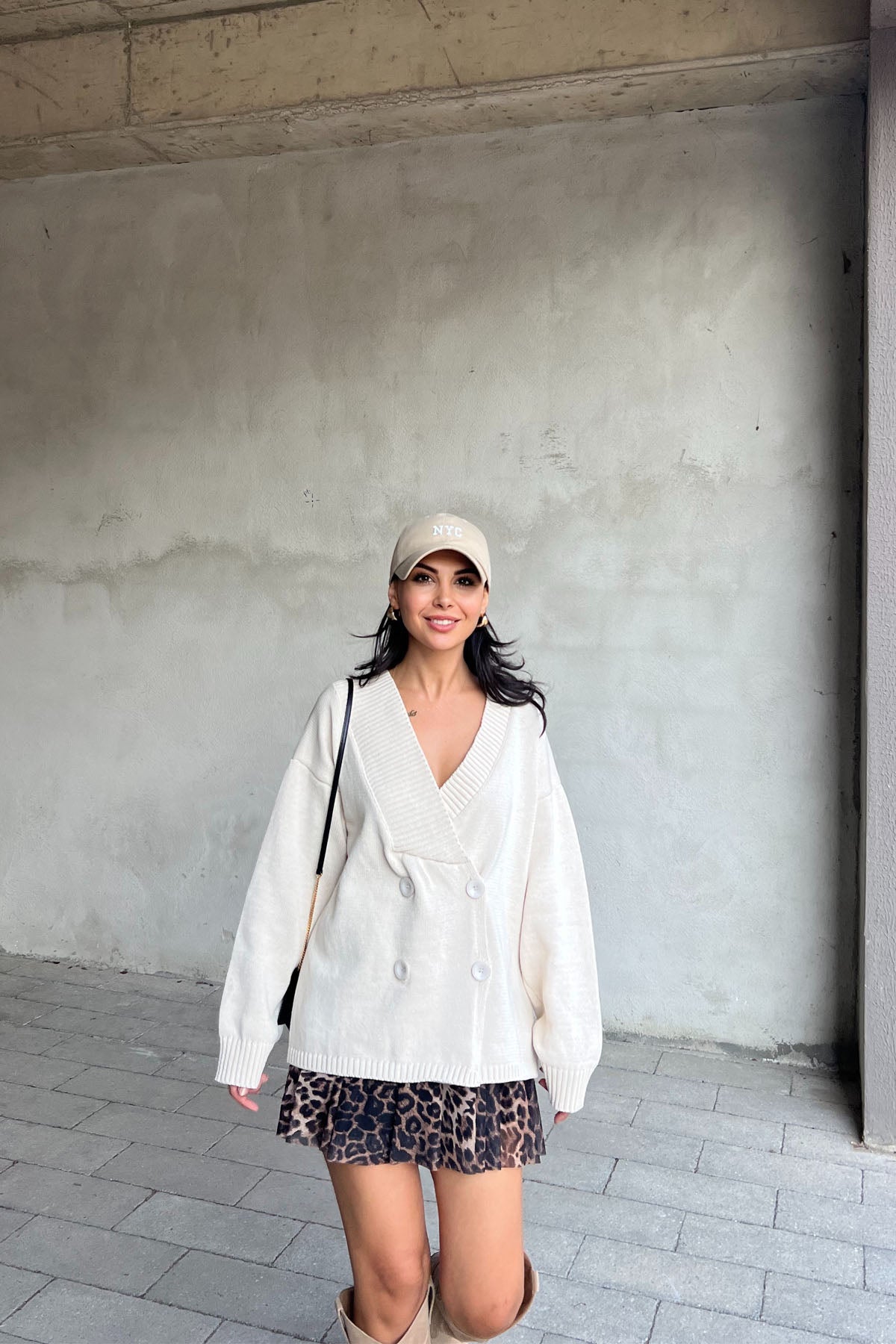 Krem Düğmeli Kruvaze Yaka Hırka SY-2423-Krem