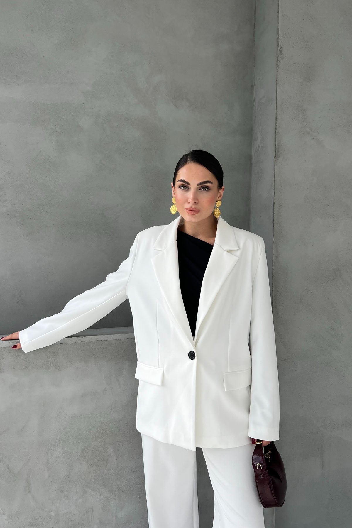 Ekru Düğme Detaylı Blazer Ceket SY-2057-Ekru