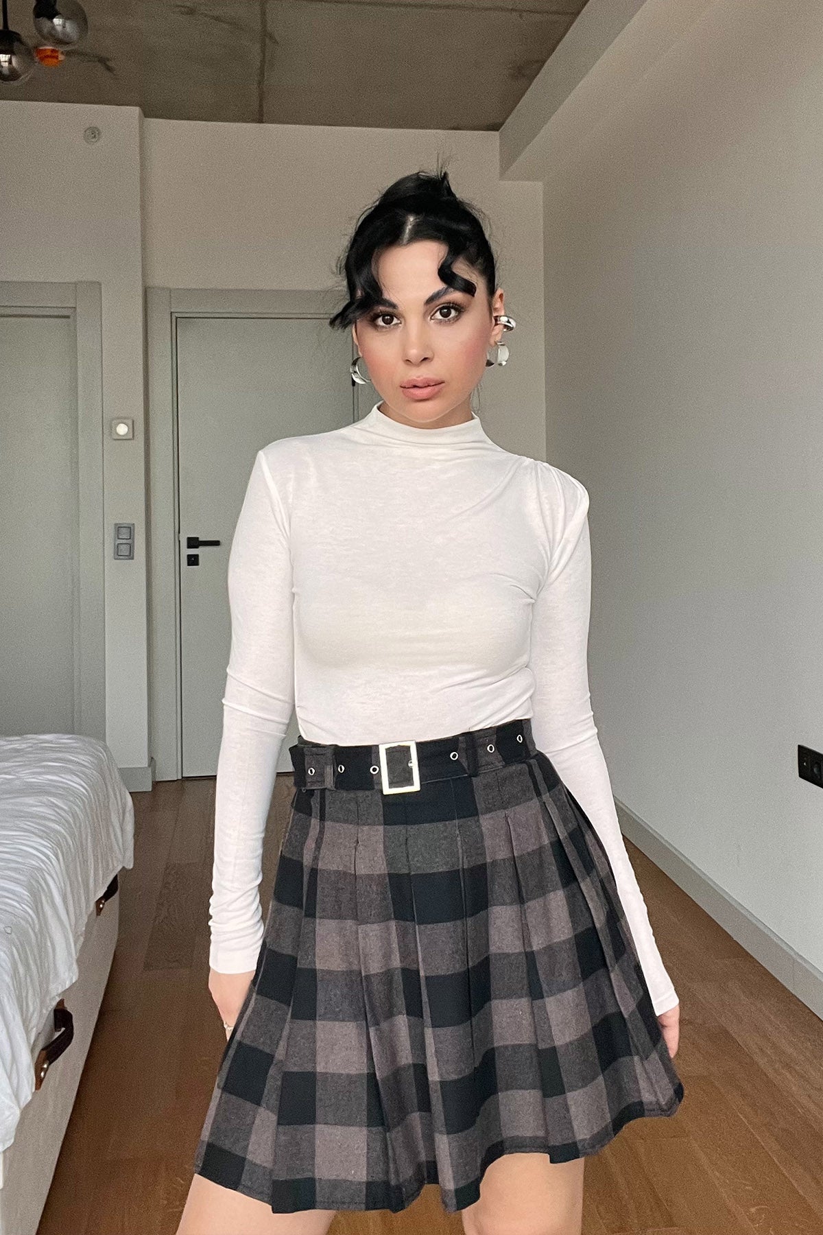 Kahve Ekoseli Kısa Kemerli Pileli Etek SY-3010-Kahve