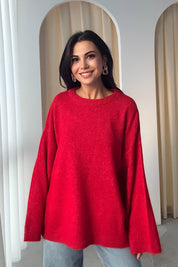 Kırmızı Bisiklet Yaka Oversize Pinterest Triko Kazak SY-3343-Kırmızı