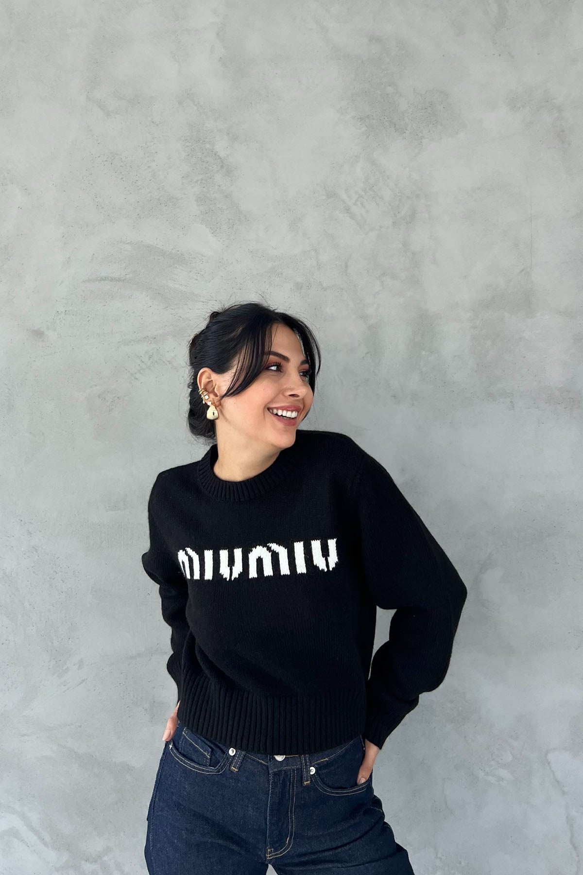 Siyah Morris Yazı Baskılı Crop Kazak SY-2464-Siyah