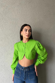 Yeşil Düğme Detaylı Crop Gömlek SY-1856-Yeşil