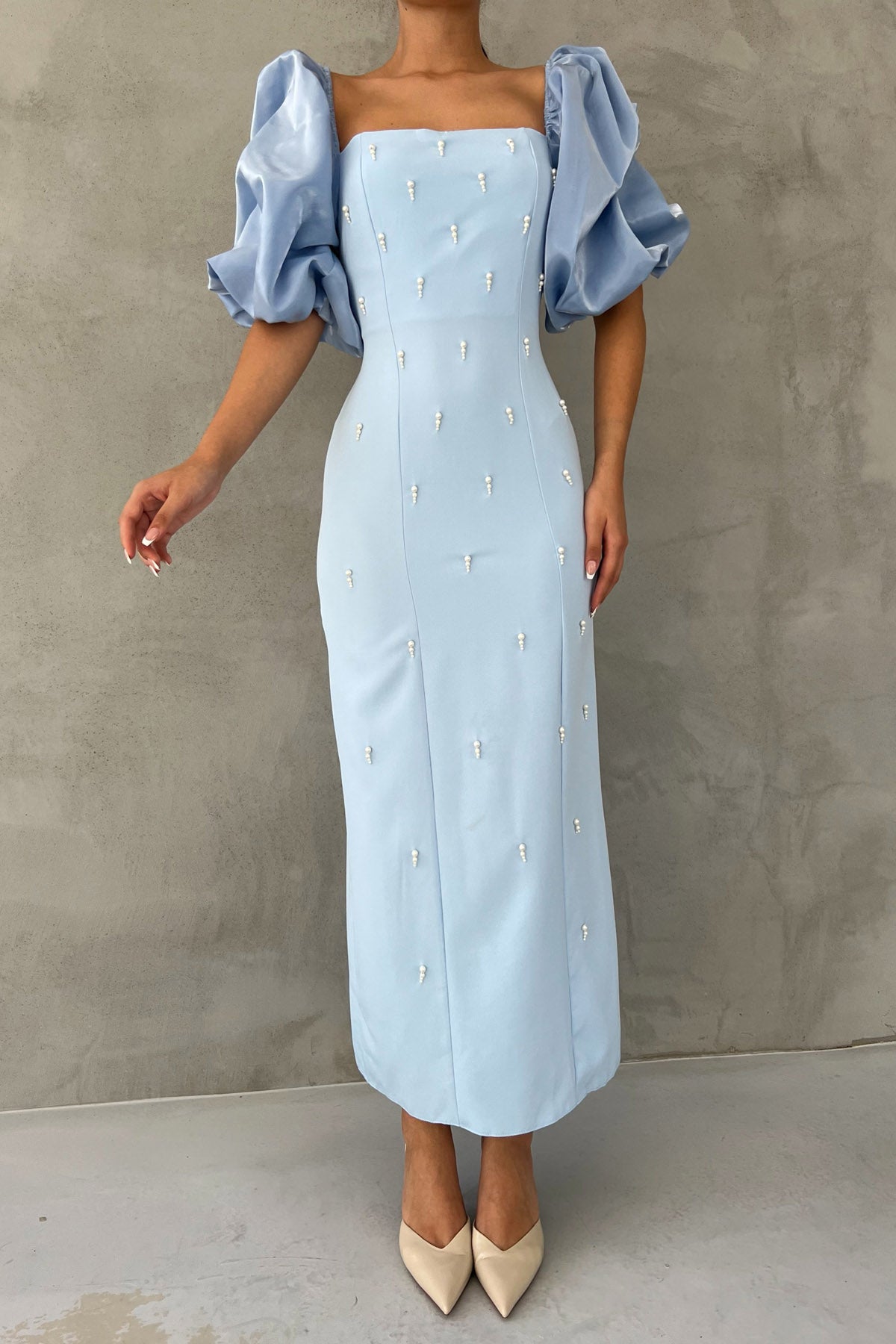 Bebe Mavisi Prenses Kol İnci Detaylı Fermuarlı Elbise SY-2501-Bebe Mavisi