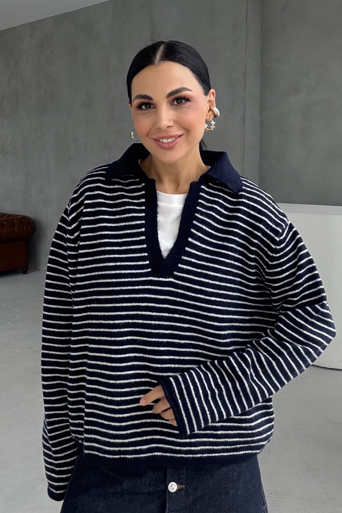 Lacivert Çizgili Polo Yaka Triko Kazak SY-3415-Lacivert