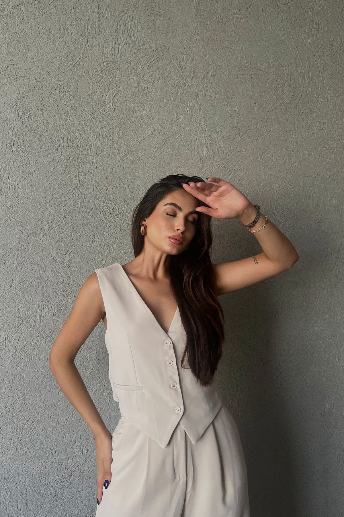 Bej Sırt Detaylı Yelek Palazzo Pantolon Takım SY-2250-Bej