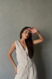 Bej Sırt Detaylı Yelek Palazzo Pantolon Takım SY-2250-Bej