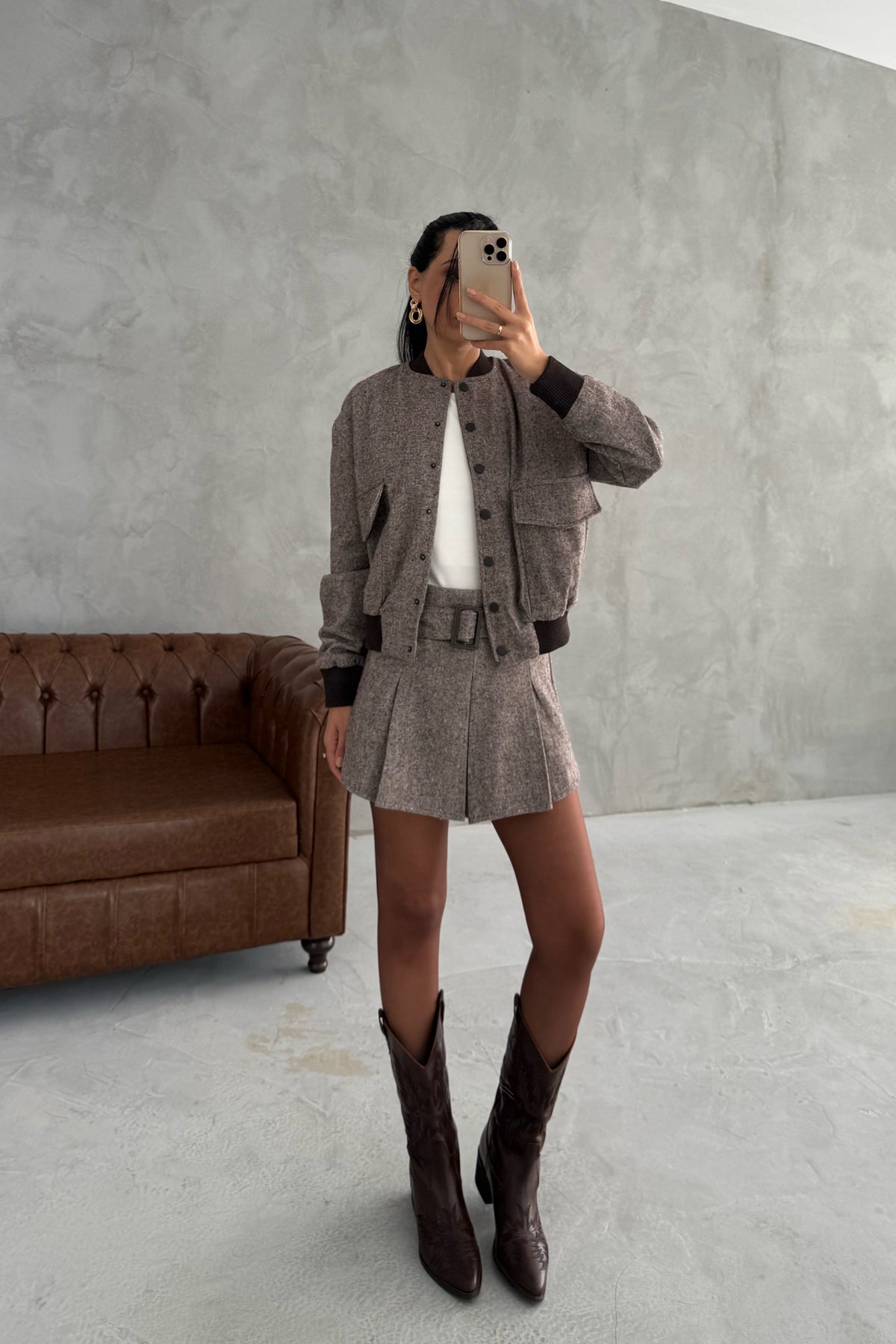 Vizon Bomber Ceket Kemerli Mini Şort Etek Takım SY-3390-Vizon