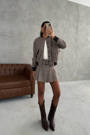 Vizon Bomber Ceket Kemerli Mini Şort Etek Takım SY-3390-Vizon