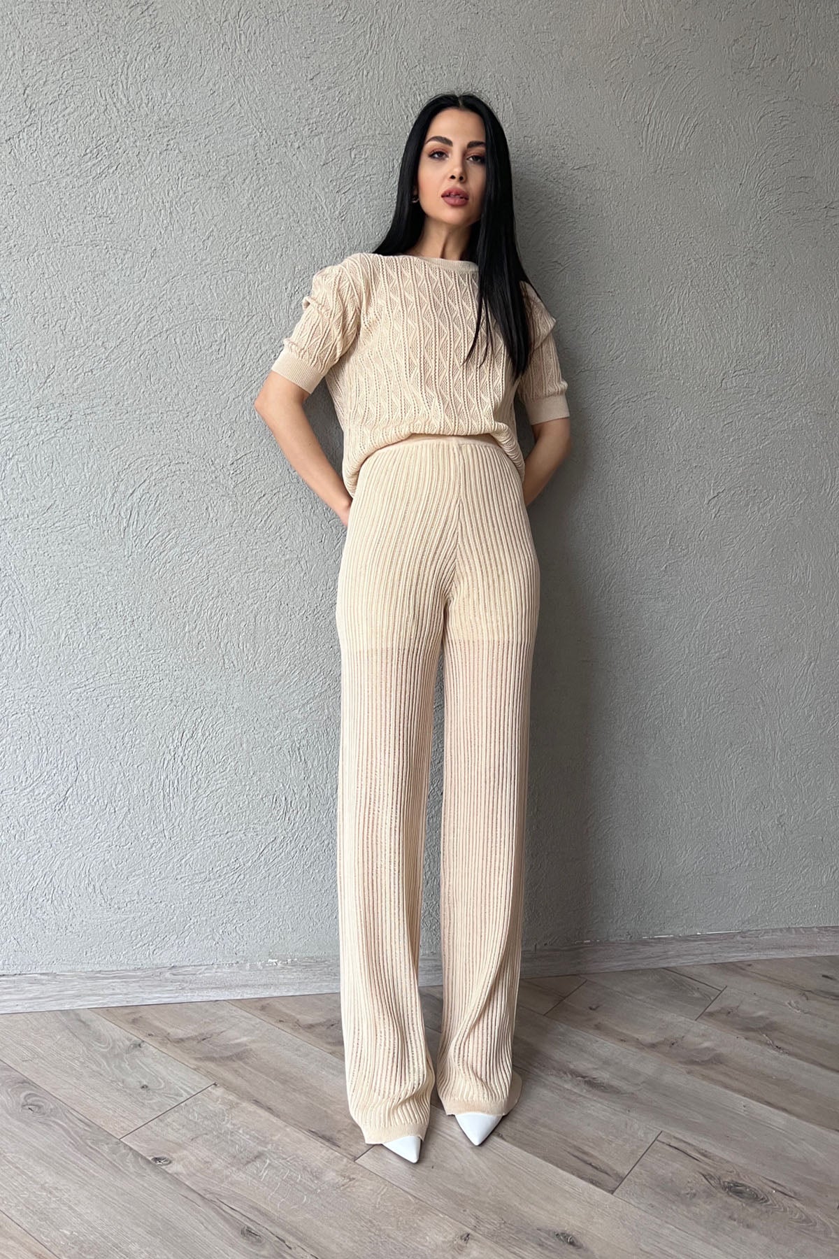 Bej Delikli Ajurlu İkili Tasarım Takım SY-0493-Bej