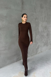 Kahverengi Lyon Uzun Kollu Elbise SY-2757-Kahverengi