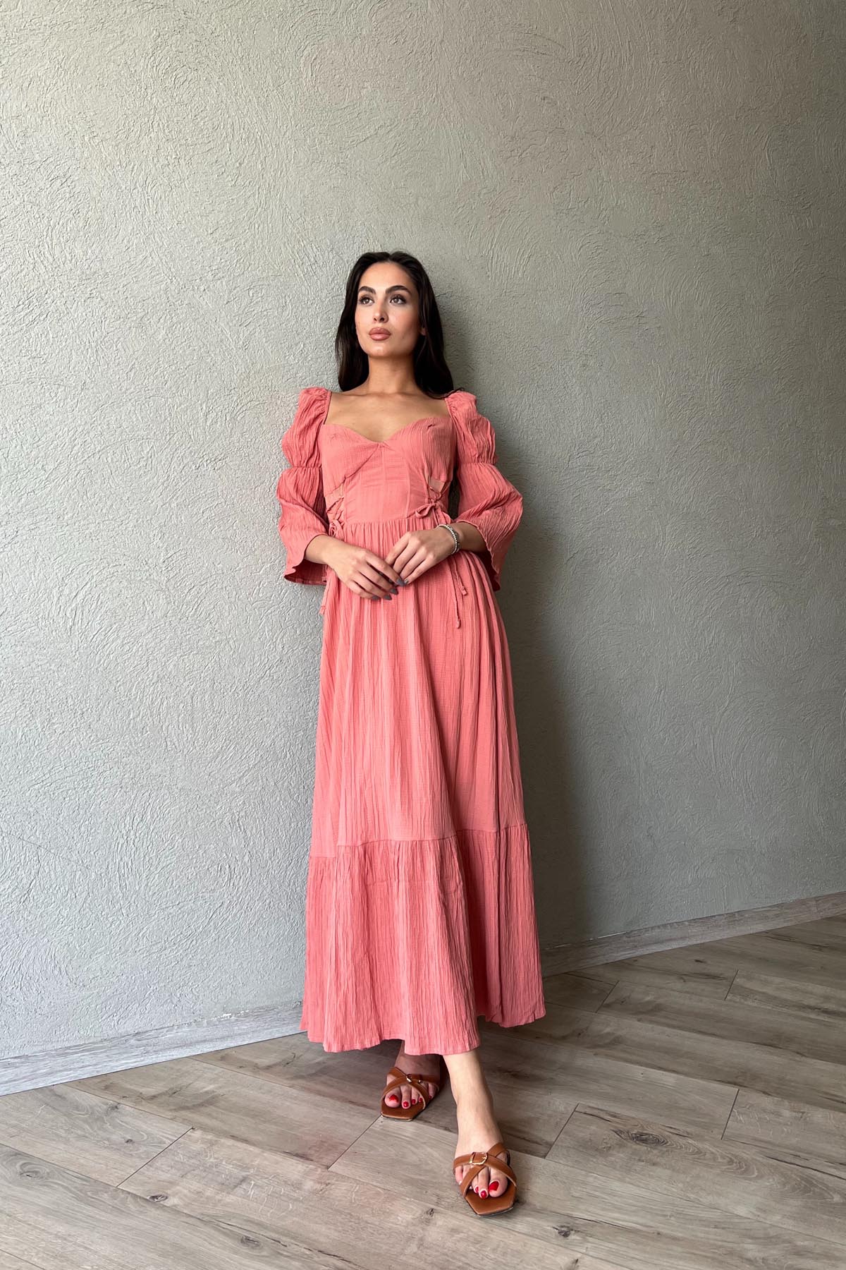 Gül Kurusu Düşük Kol Balenli  Gofre Kumaş Uzun Elbise SY-1779-Gül Kurusu