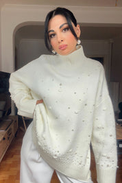 Ekru İnci Detaylı Yarım Balıkçı Triko Kazak SY-2741-Ekru