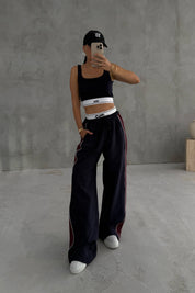 Lacivert Beli Ribanalı Şerit Detaylı Bol Paça Pantolon Bustiyer Takım SY-3319-Lacivert