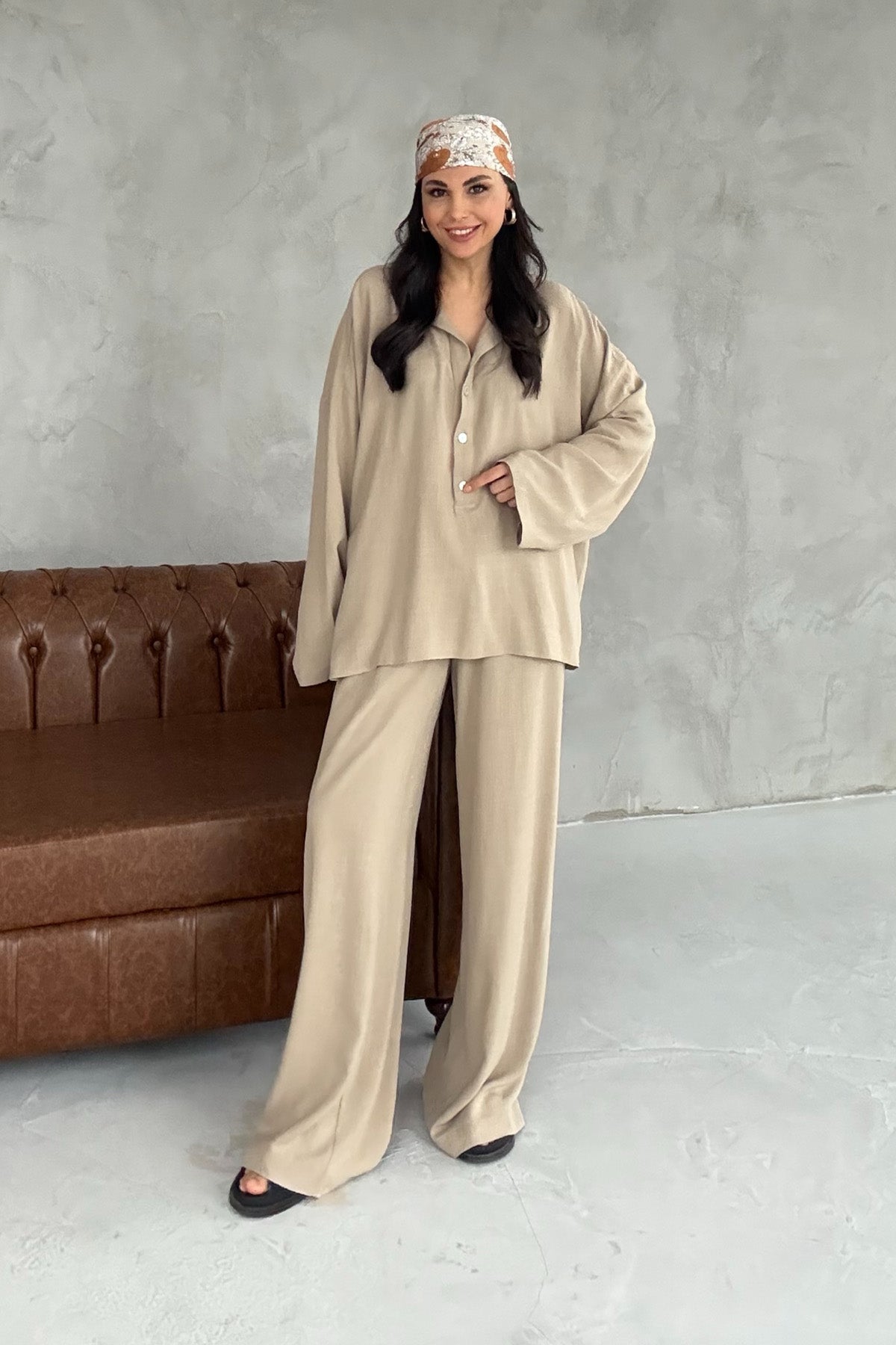 Haki Keten Polo Yaka Gömlek Pantolon Takım SY-3118-Haki