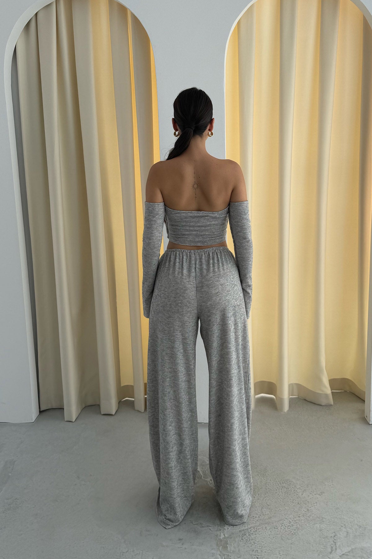 Gri Düşük Omuz Bluz Pantolon İkili Takım SY-2396-Gri