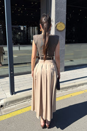 Kahve Eteği Pileli Kemerli Elbise SY-3331-Kahve