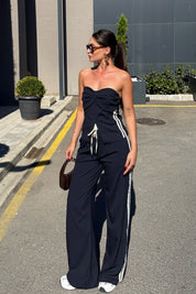 Lacivert Yazı Şerit Detaylı Straplez Bluz Pantolon Takım SY-3330-Lacivert